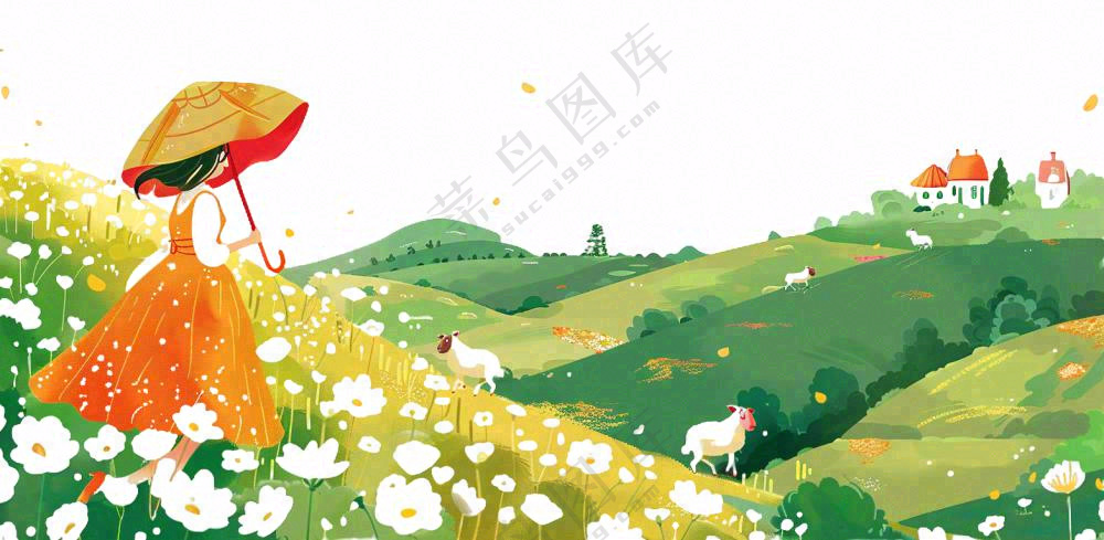 田园山川村庄绿色卡通插画免抠