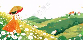 田园山川村庄绿色卡通插画免抠