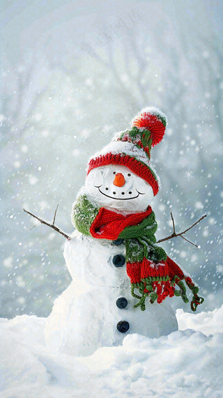 冬天白雪地里的雪人装饰小寒大寒大雪摄影图