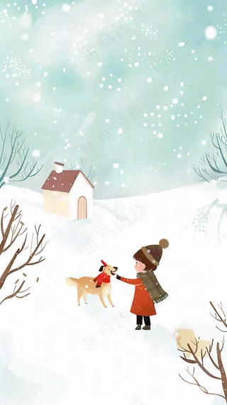 冬天雪山白雪地木屋女孩牵着狗游玩可爱卡通插画立冬大雪小雪背景