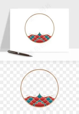 国潮风祥云浪花圆形矩形边框png免抠