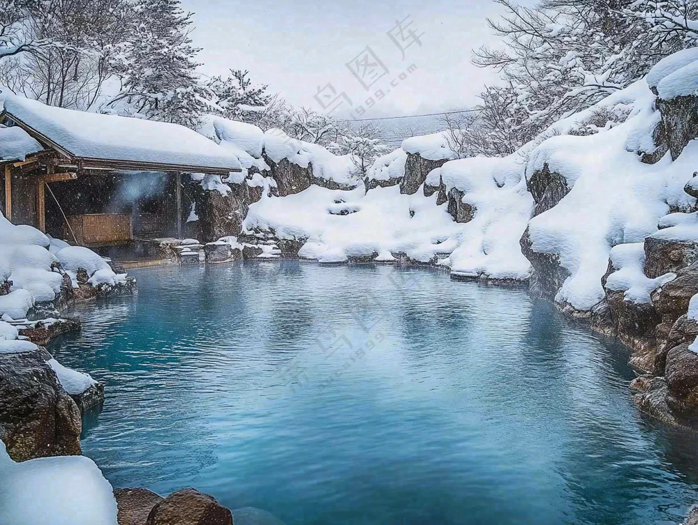 户外天然温泉汤浴秋冬摄影图