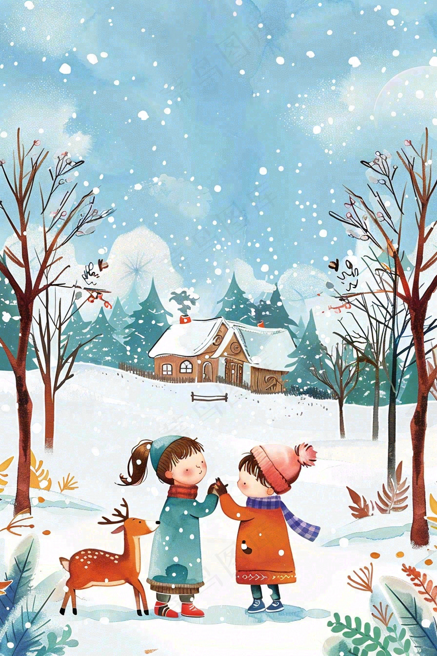 冬天白雪覆盖寒冷唯美雪景大寒插画背景