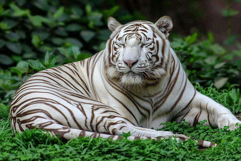 白虎动物园里趴着休息的老虎摄影图
