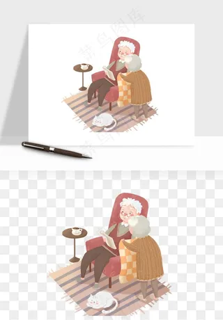 手绘老人陪伴png免抠