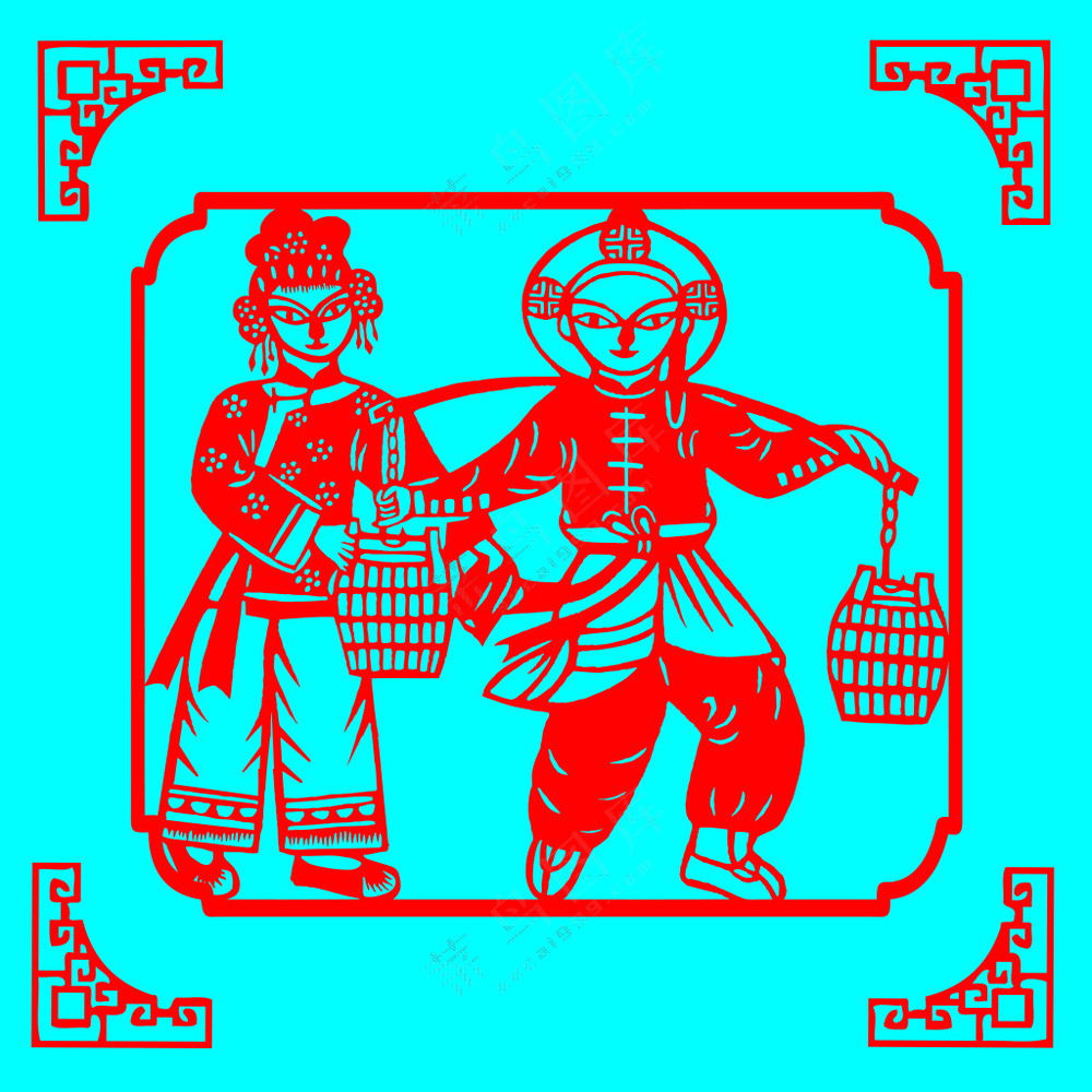 人物劳作 挑水剪纸