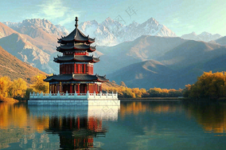 秋天湖泊高山森林凉亭塔大自然风光摄影图