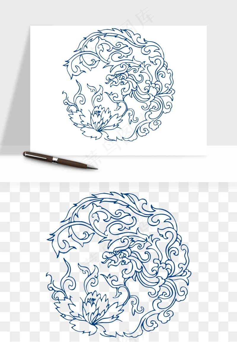 青花瓷花纹花卉图案png免抠