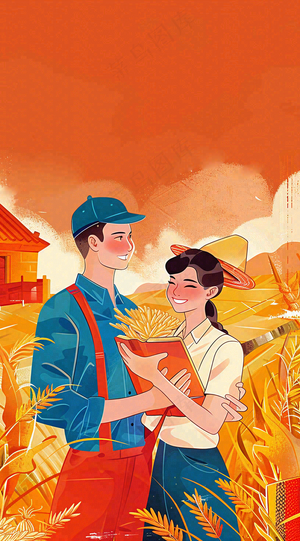 红色插画土地收成粮食农民辛勤劳作劳动节卡通插画背景