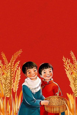 红色复古插画粮食收成农民工劳动节卡通插画背景