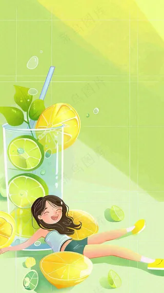 夏天创意冰饮女孩水果茶清凉插画立夏夏至背景