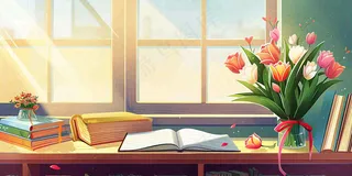 教师节办公桌窗边课本花束温馨唯美插画背景