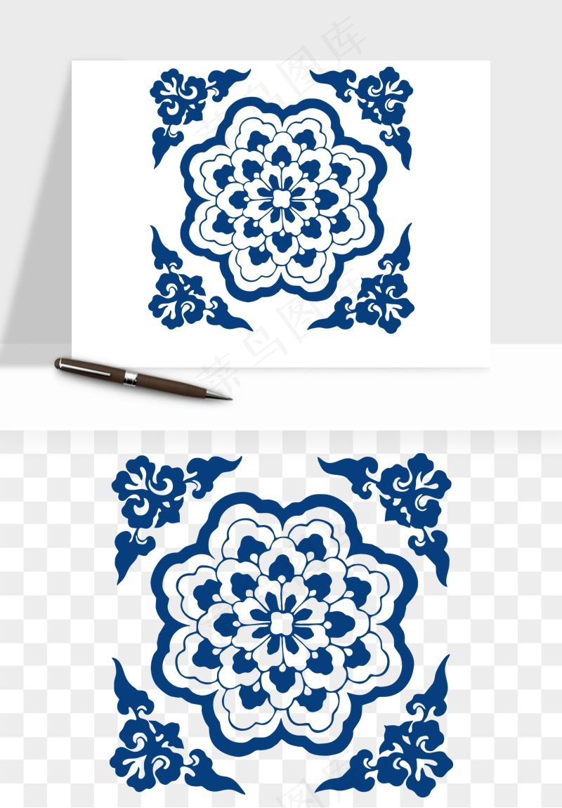 青花瓷花纹花卉图案png免抠