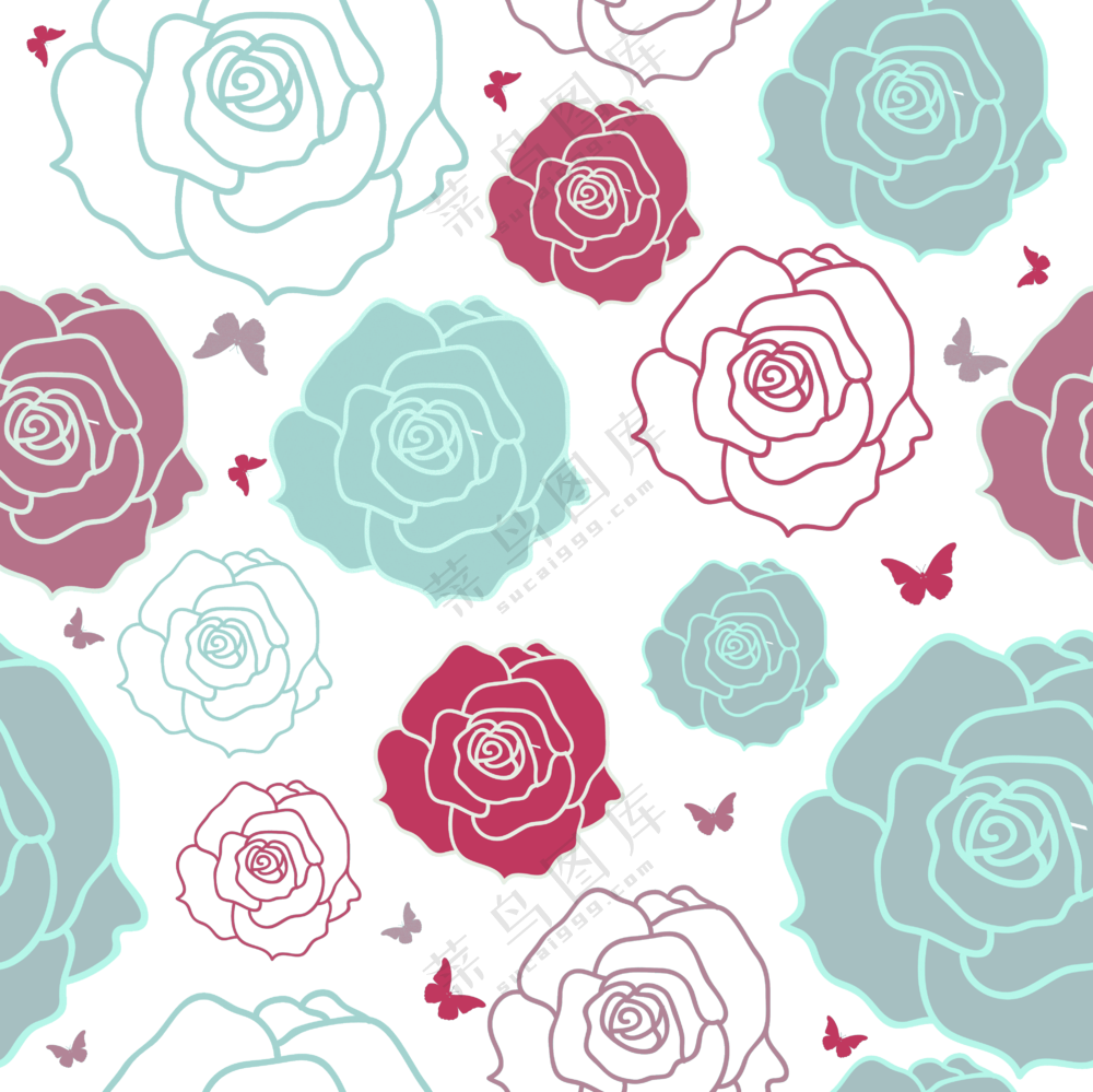 蝴蝶与线描效果的花朵图案免抠素材