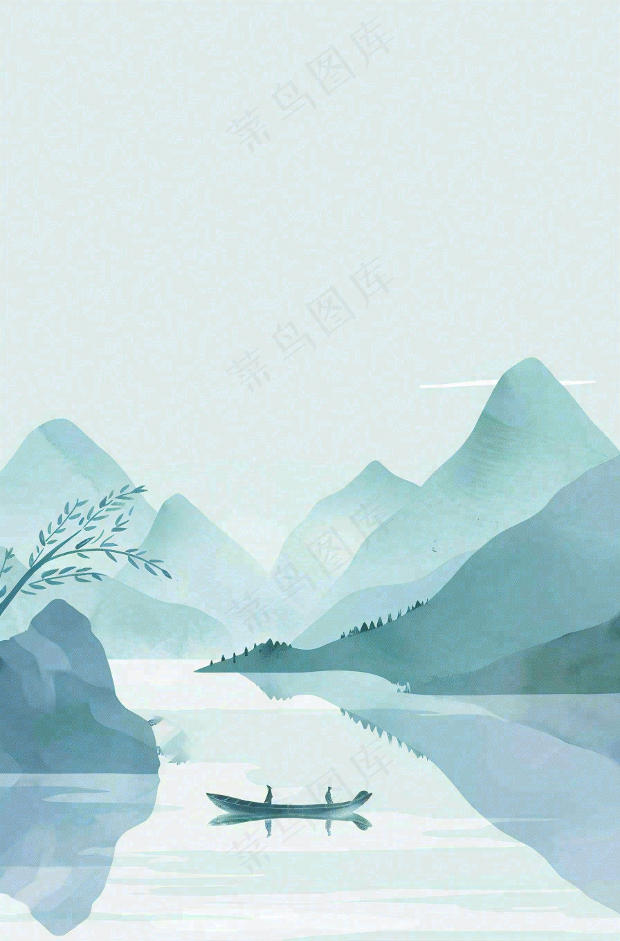 中国风插画山水竹叶青色插画清新淡雅端午节插画背景