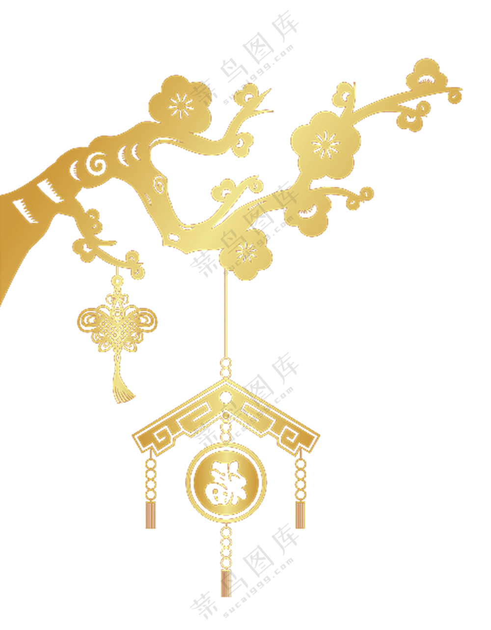 梅花树枝与中国风挂饰图案PNG素材