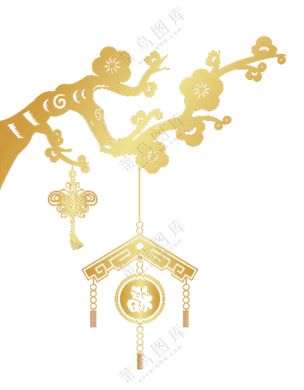 梅花树枝与中国风挂饰图案PNG素材