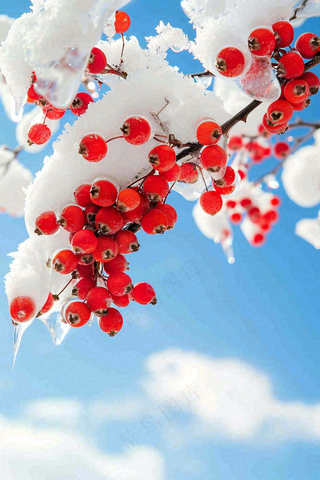 冬天蓝天背景红色果实白雪覆盖小清新立冬小寒大寒冬至摄影图