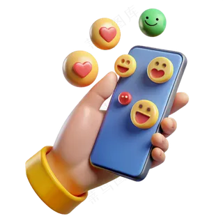3D手持手机与表情符号，最小的社会媒体与表情符号，卡通最小的图标。免费