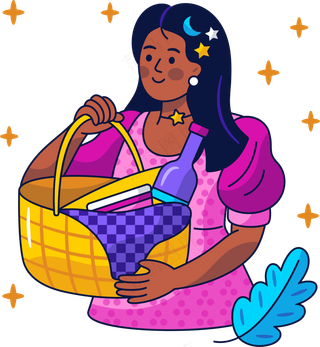 女生提着野餐篮子 美式多巴胺插画 免抠透明底