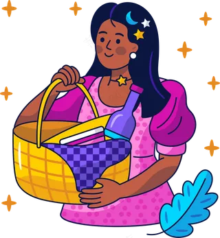 女生提着野餐篮子 美式多巴胺插画 免抠透明底