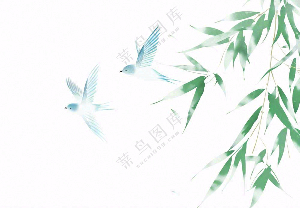 春天绿竹随风青鸟水墨画插画免抠