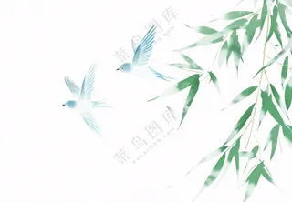 春天绿竹随风青鸟水墨画插画免抠