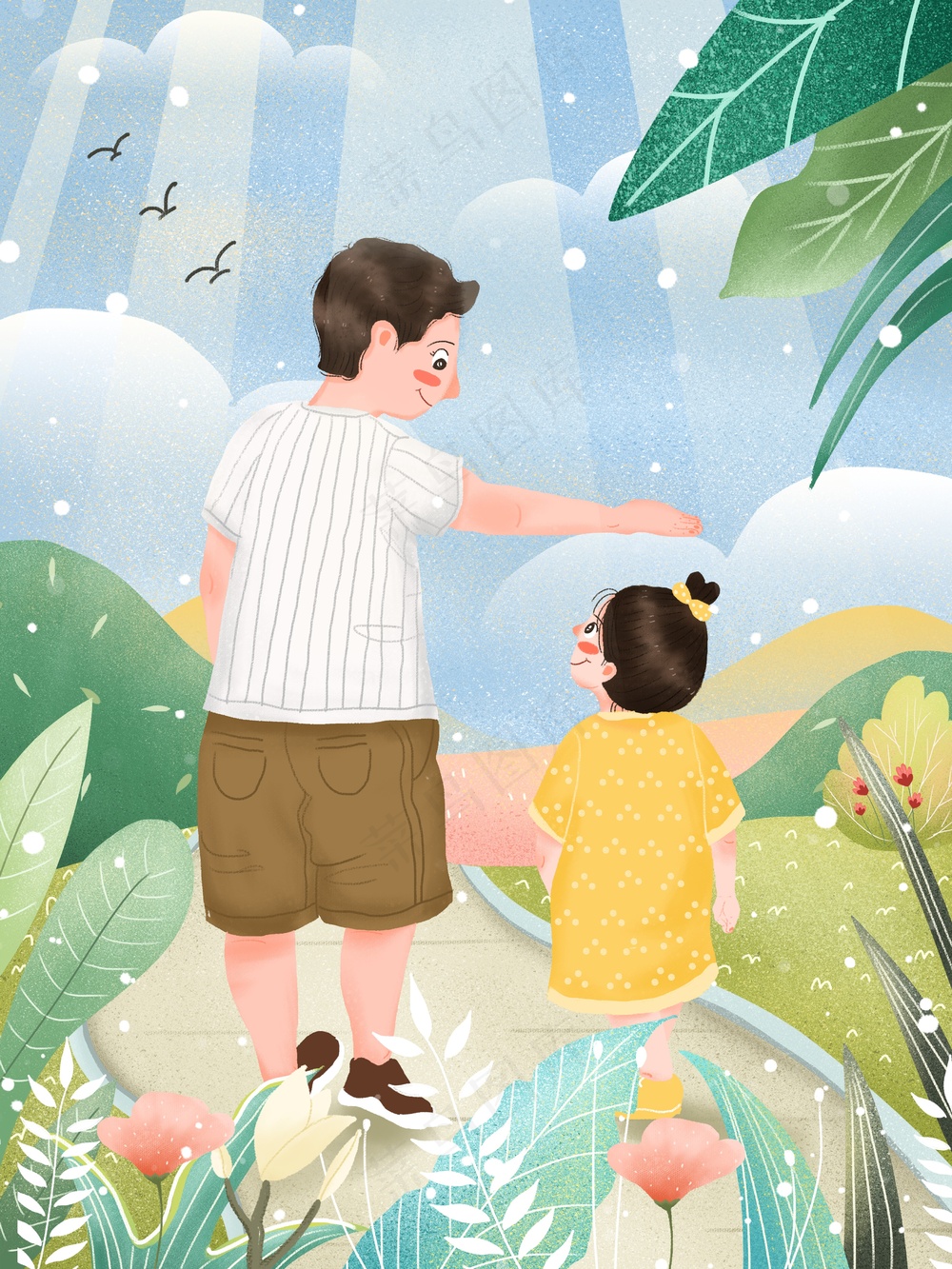 夏日陪伴摸头有爱风格父亲节插画模板 