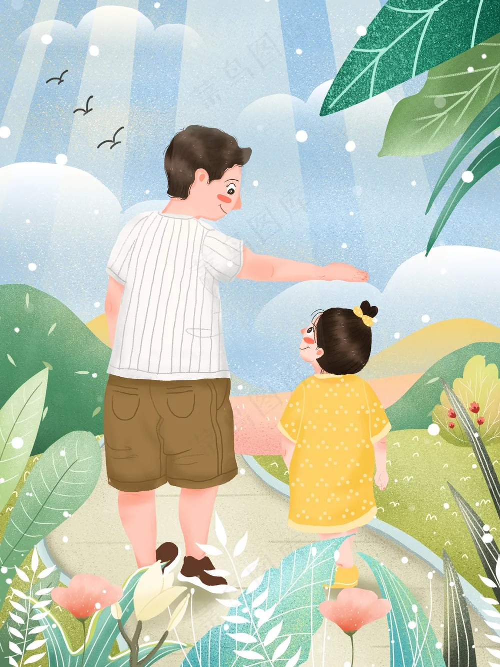 夏日陪伴摸头有爱风格父亲节插画模板 