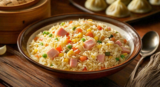 火腿肉丁炒饭鸡蛋美食主食摄影图