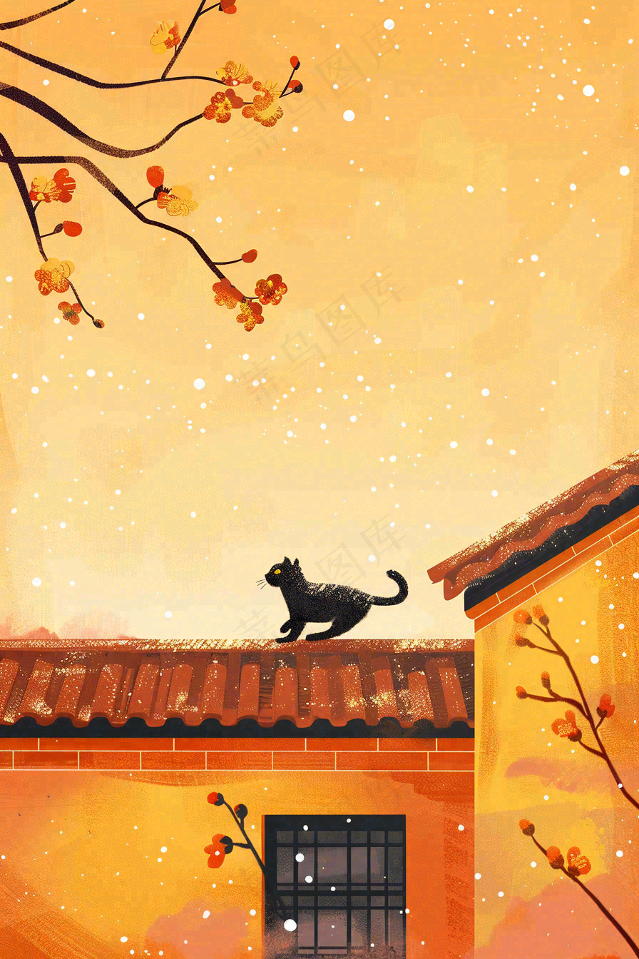 屋檐上的猫咪屋墙萧瑟霜降插画背景