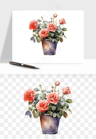 手绘花瓶花艺png免抠