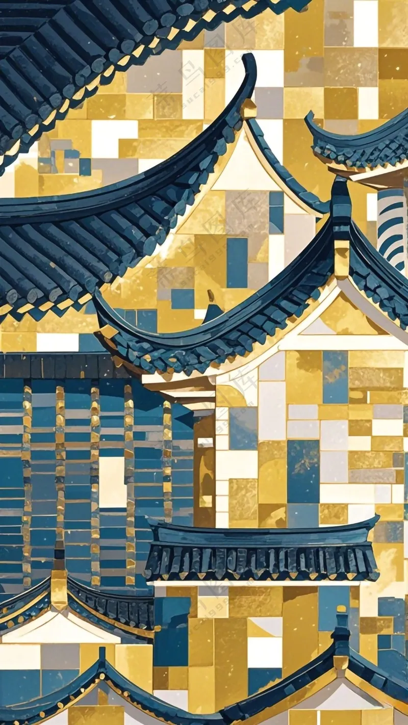 徽派建筑蓝金2  像素2300*4200