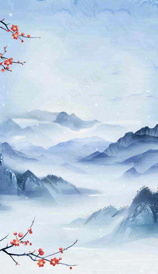 中国风山水秋冬柿子树霜降插画背景
