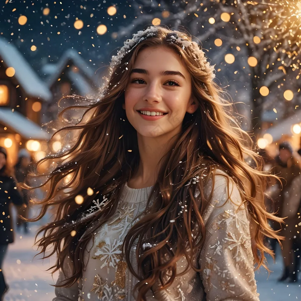 冬季夜晚雪花纷飞美女图片