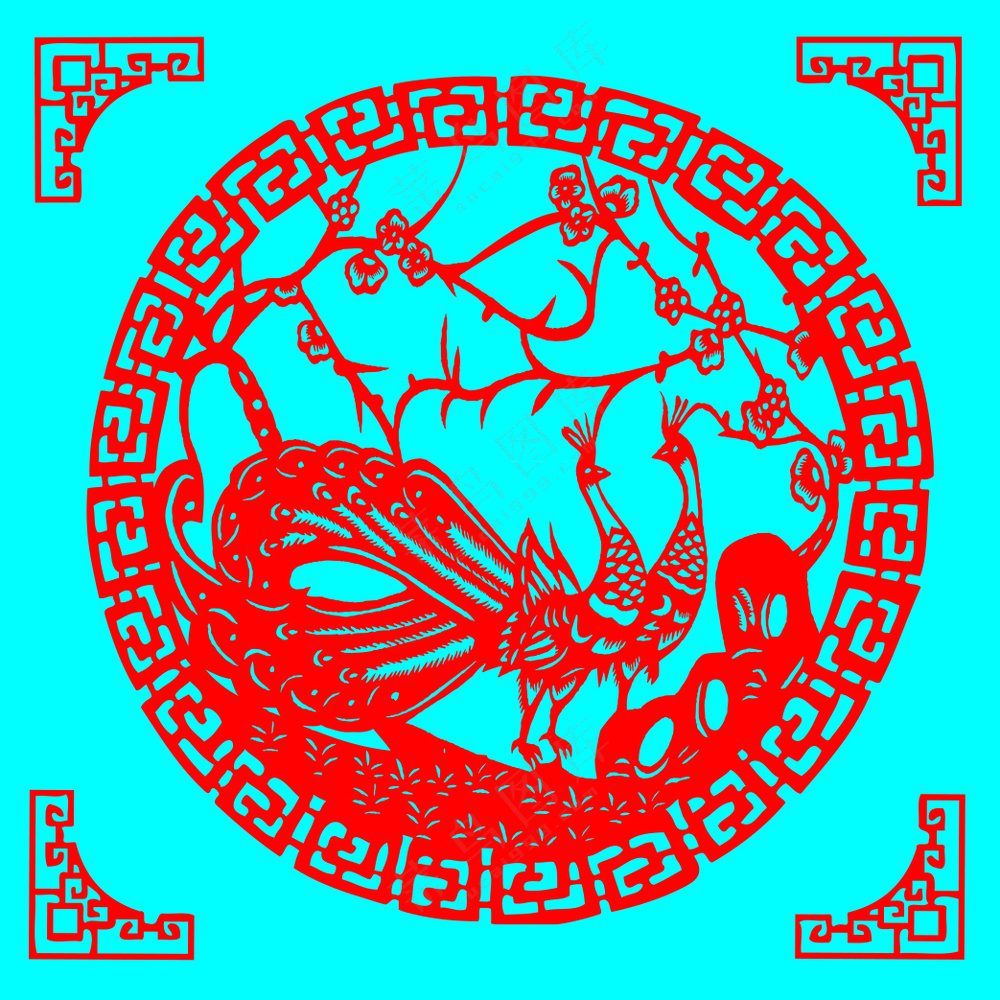 红色花鸟 孔雀富贵剪纸