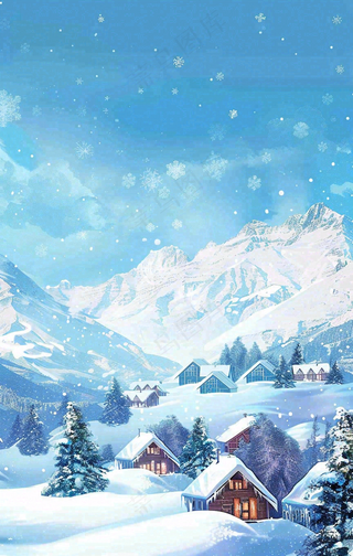 冬季大雪纷飞雪山脚下的城镇村庄小雪大雪大寒背景