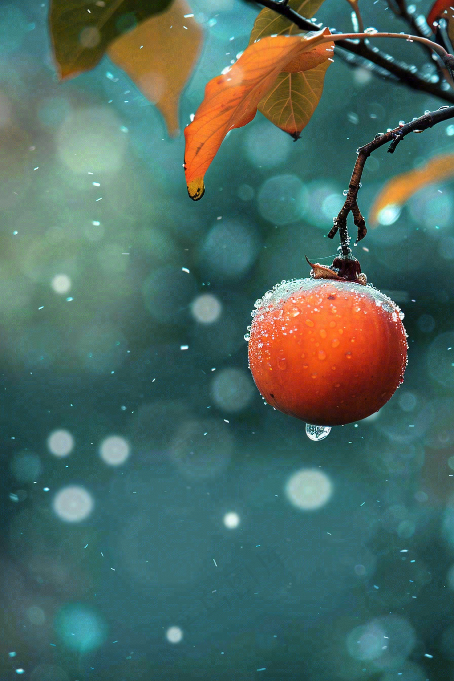 秋冬柿子树的果实寒冷霜降摄影图