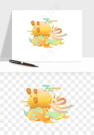 中秋月饼玉兔国潮插画png免抠