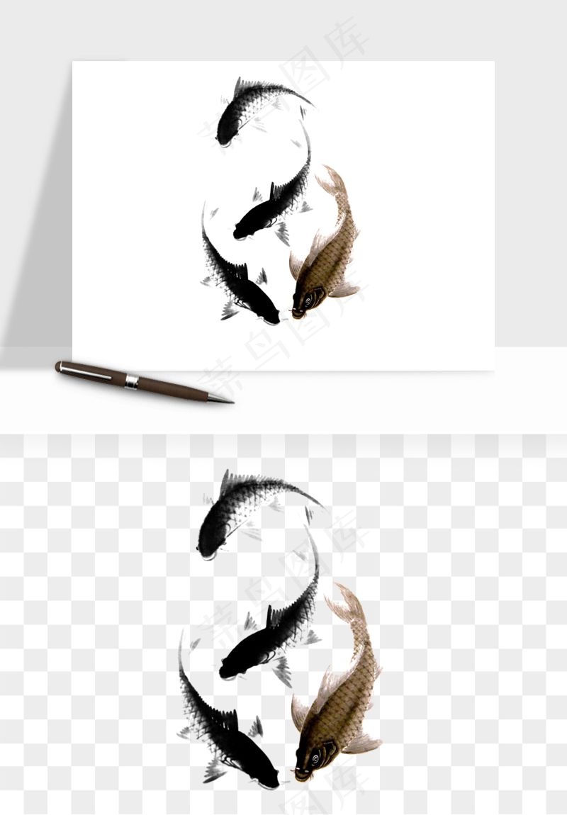 锦鲤鱼手绘水墨png免抠