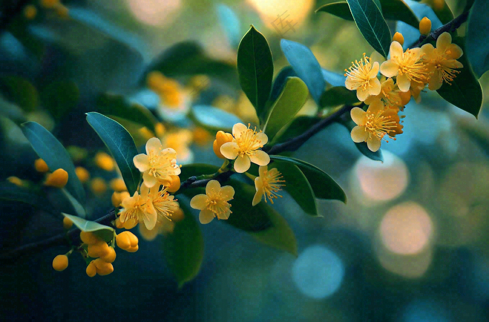 树枝上的小黄花植物摄影图