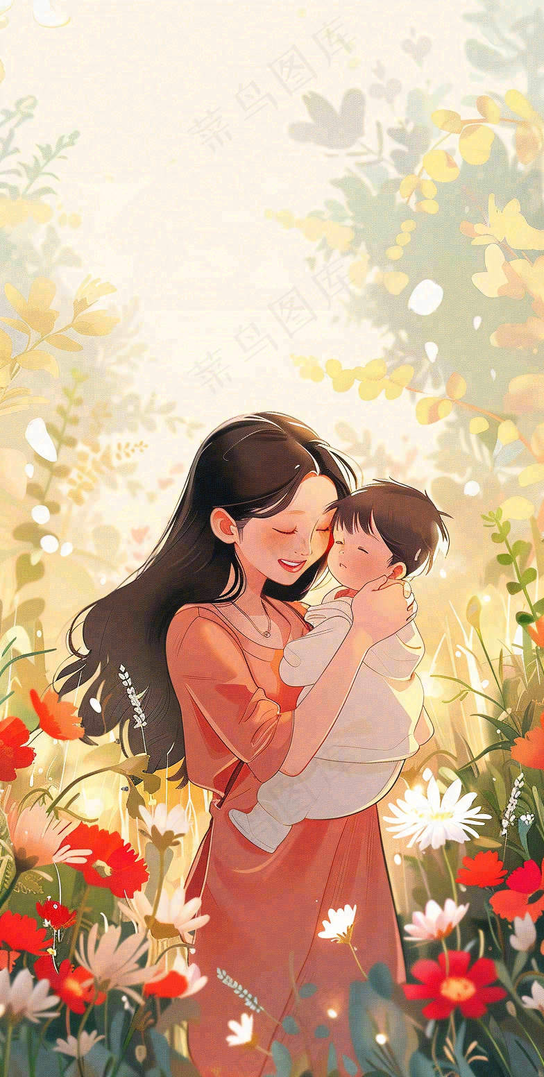 母亲节妈妈亲情抱着孩子鲜花光辉插画背景