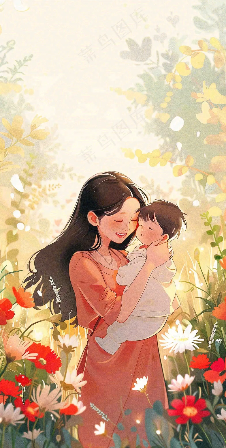 母亲节妈妈亲情抱着孩子鲜花光辉插画背景