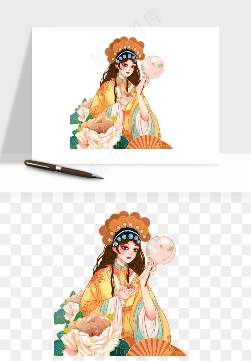 手绘国潮女性人物插画png免抠