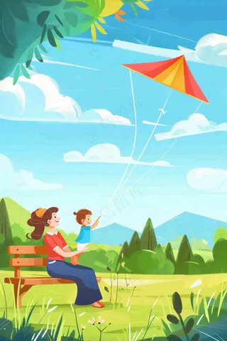 母亲节妈妈陪伴着孩子外出插画背景