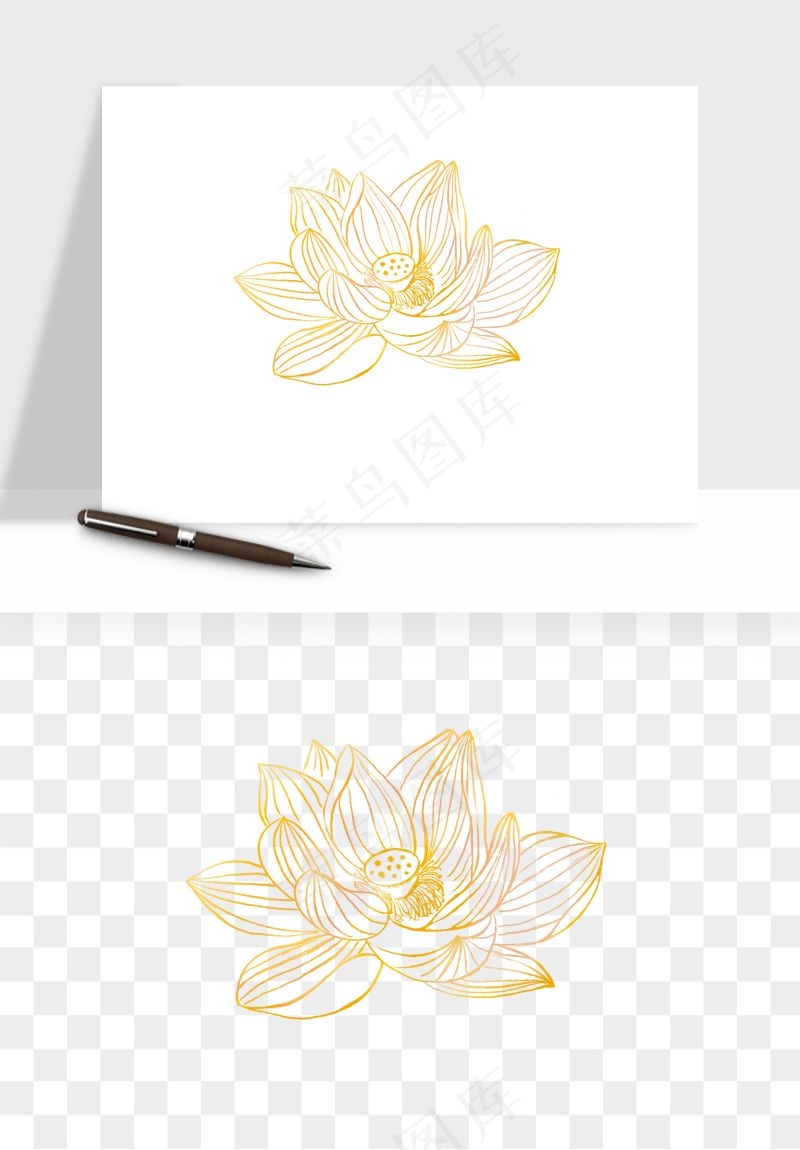 线描荷花莲花线条png免抠