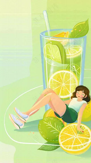 夏天创意冰饮女孩水果茶清凉插画立夏夏至背景