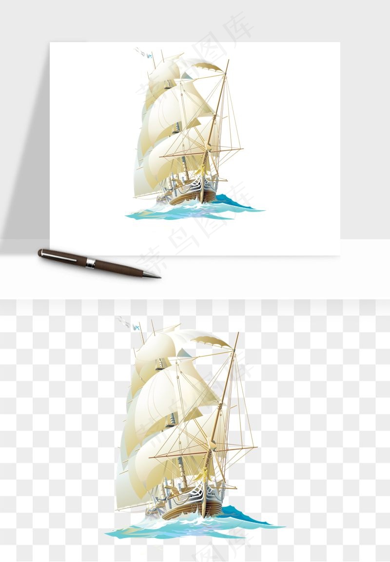 手绘航行帆船png免抠