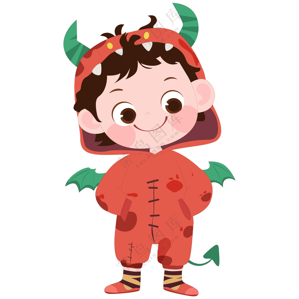 万圣节穿恶魔服装可爱男孩儿童节日装扮卡通插画