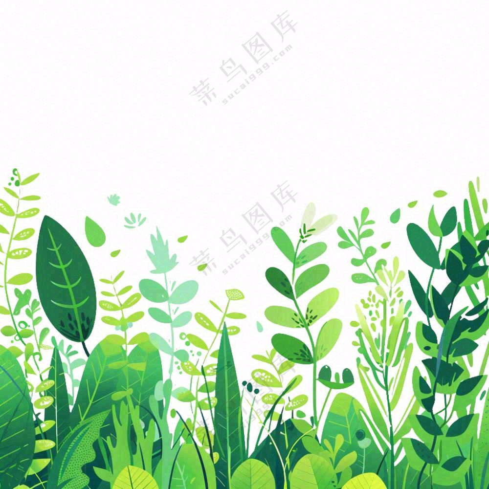 春夏绿色草丛绿叶卡通插画免抠